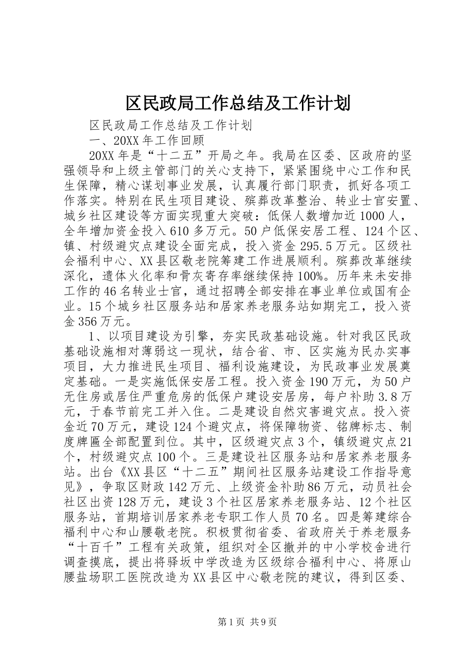 2024年区民政局工作总结及工作计划_第1页