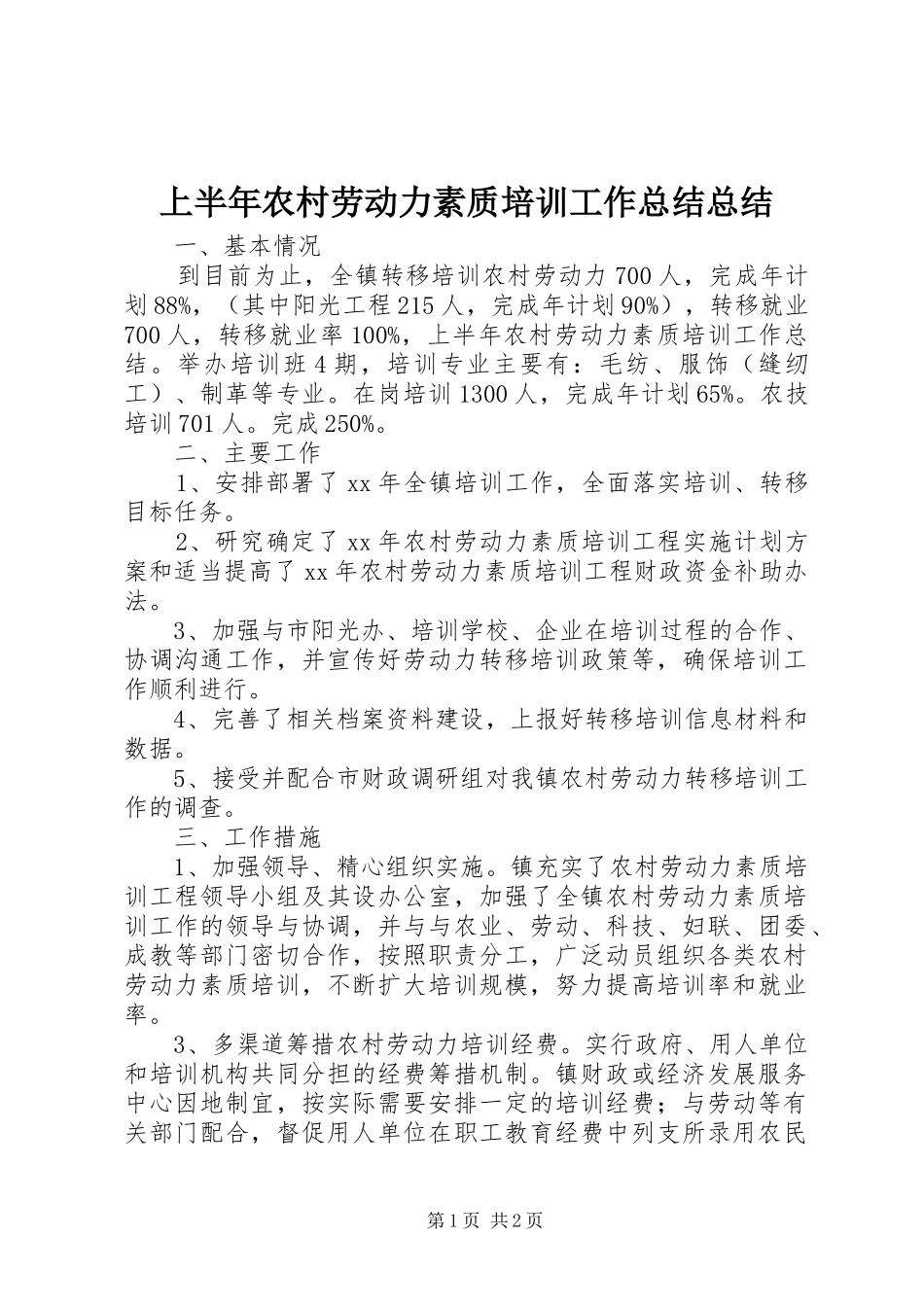 2024年上半年农村劳动力素质培训工作总结总结_第1页