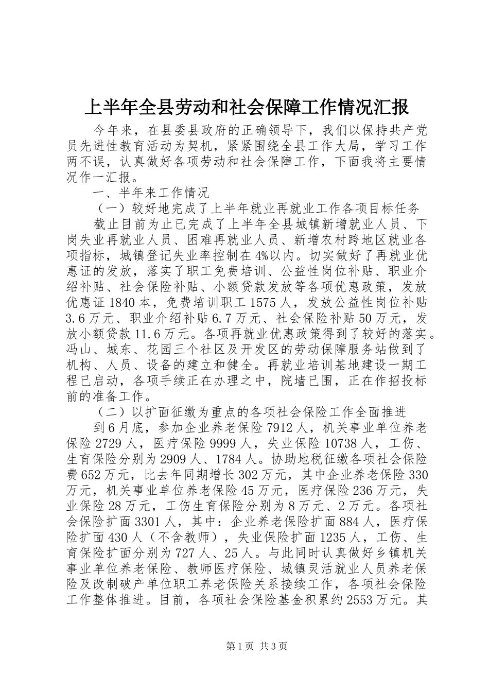 2024年上半年全县劳动和社会保障工作情况汇报_第1页