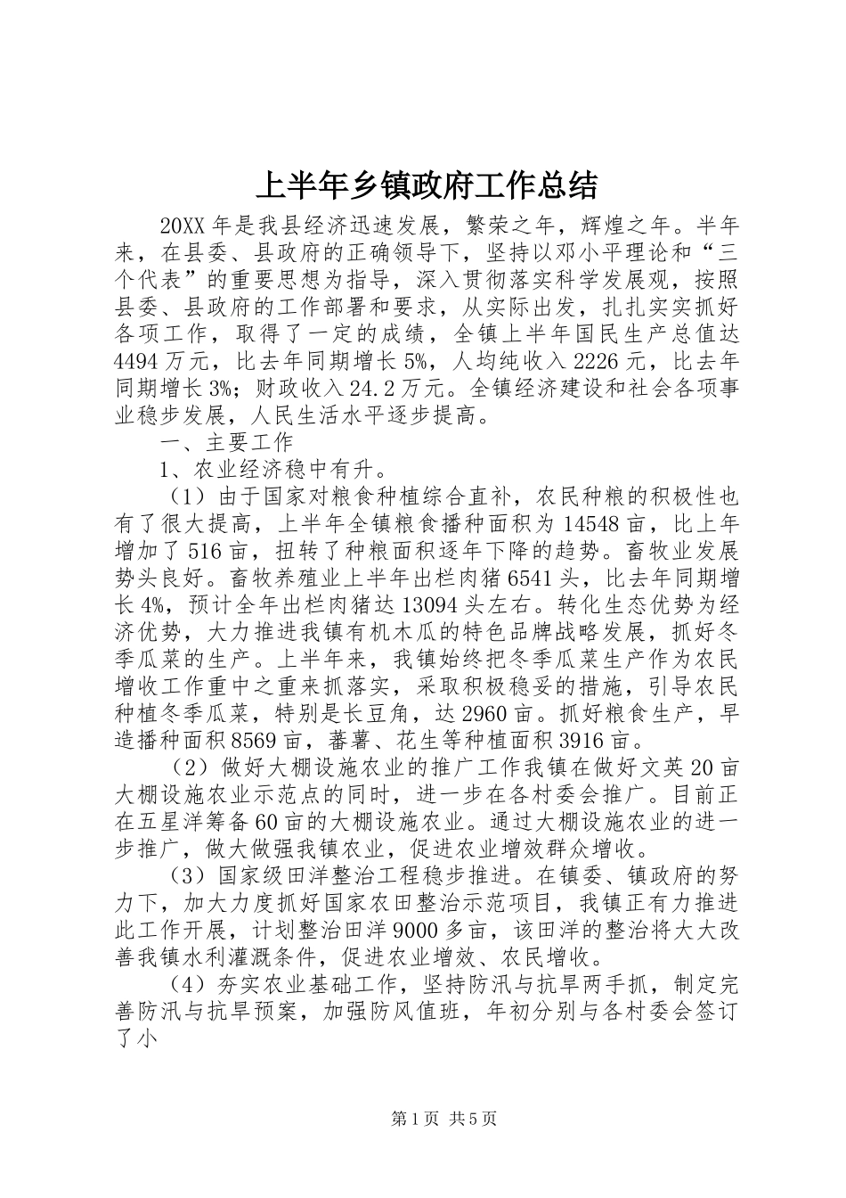 2024年上半年乡镇政府工作总结_第1页