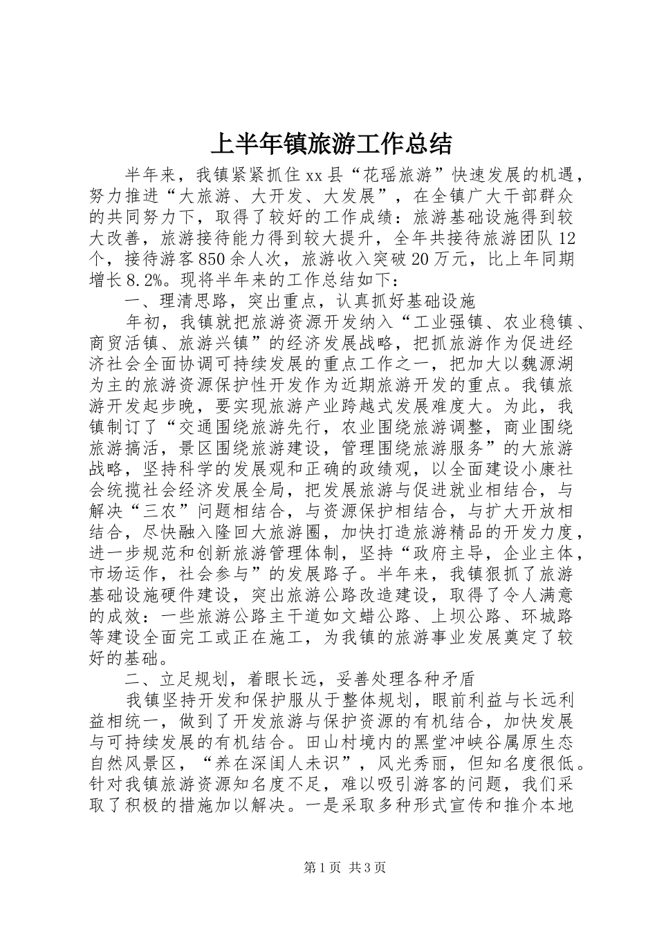 2024年上半年镇旅游工作总结_第1页