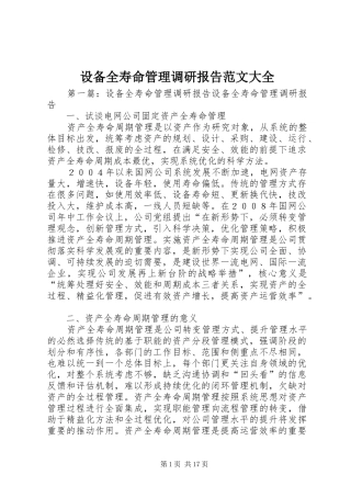 2024年设备全寿命管理调研报告范文大全