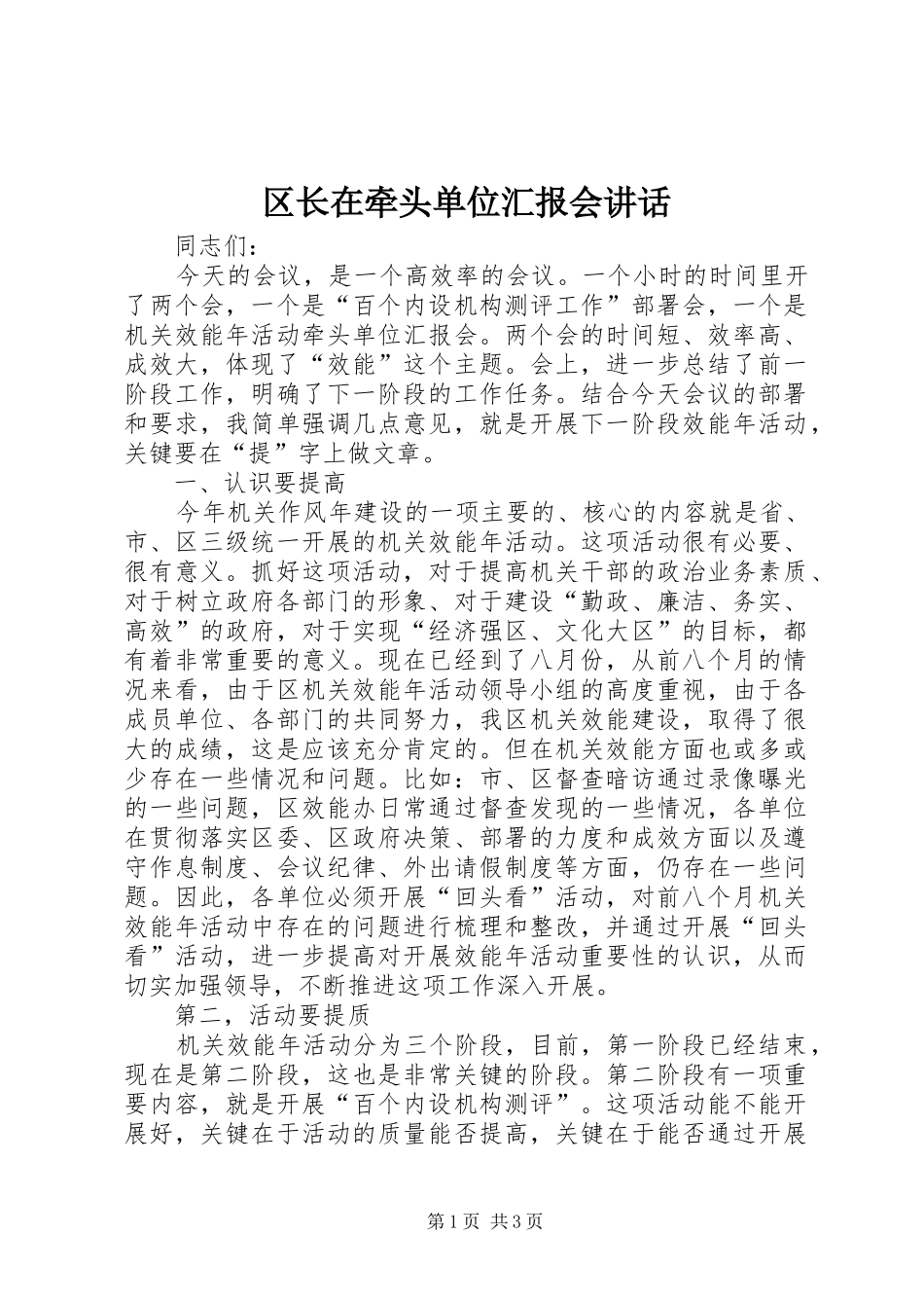 2024年区长在牵头单位汇报会致辞_第1页