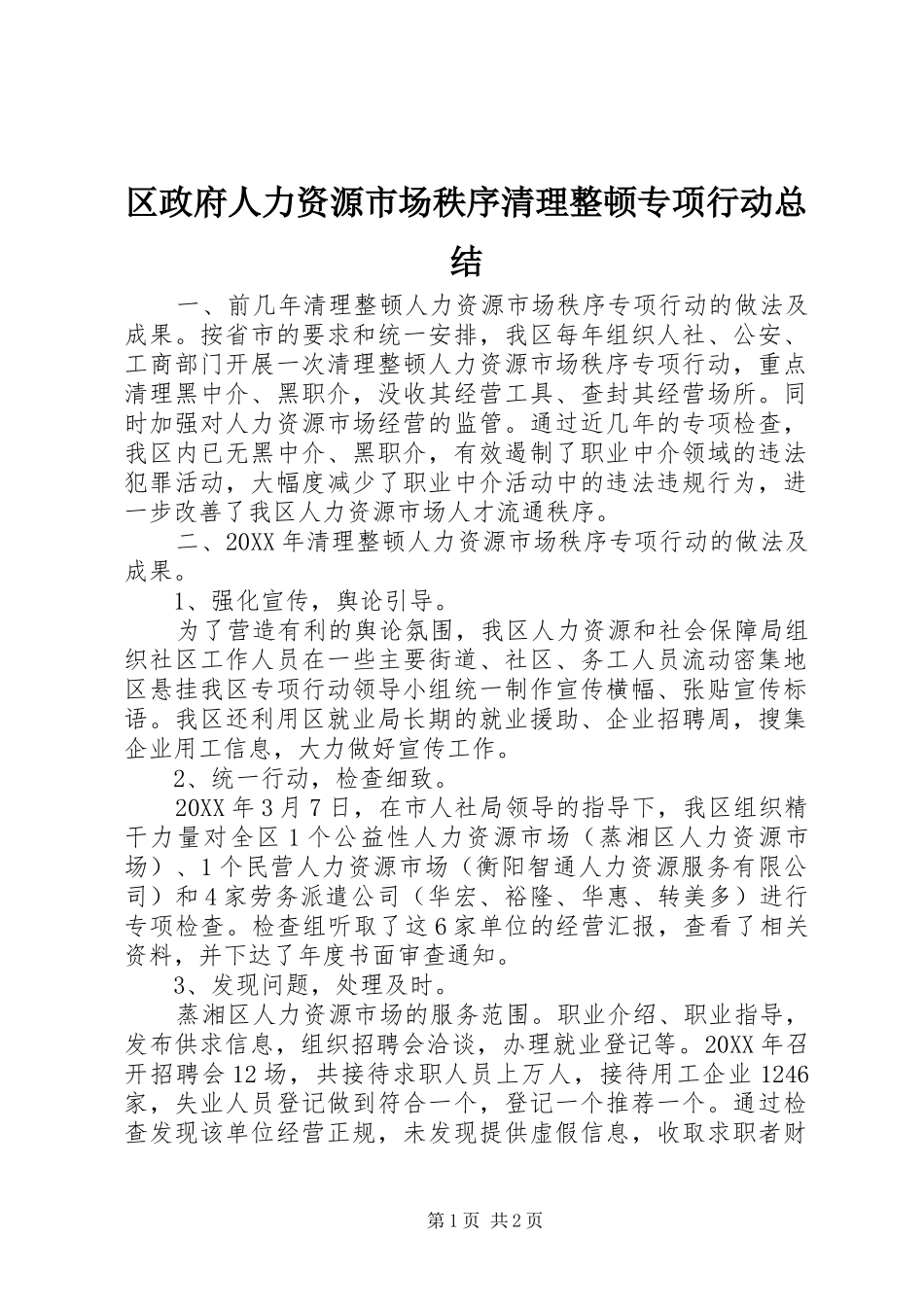 2024年区政府人力资源市场秩序清理整顿专项行动总结_第1页
