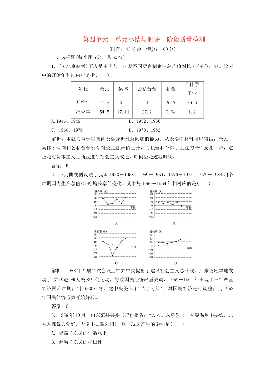 高中历史 第四单元 单元小结与测评 岳麓版必修2_第1页