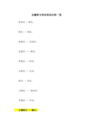 北魏孝文帝改革改汉姓一览