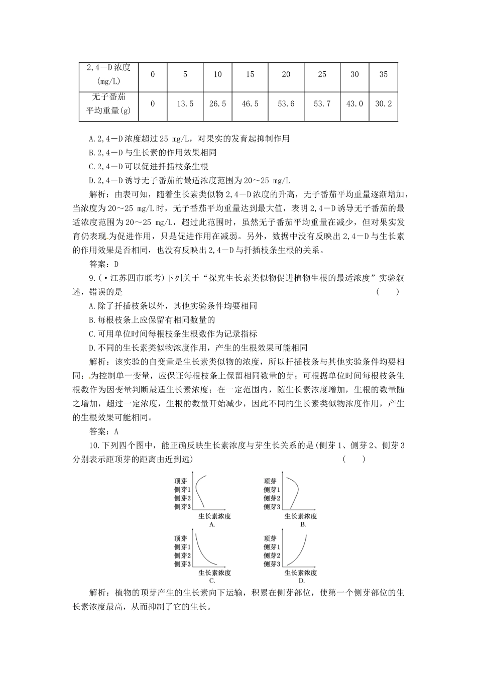 高中生物 第3章 第2节 生长素的生理作用创新演练大冲关课下练 新人教版必修3_第3页