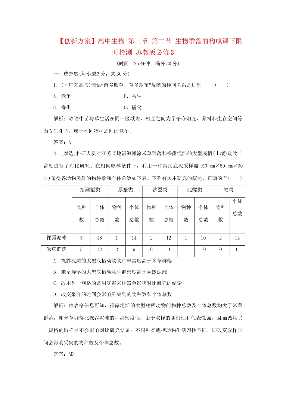 高中生物 第三章 第二节 生物群落的构成课下限时检测 苏教版必修3_第1页