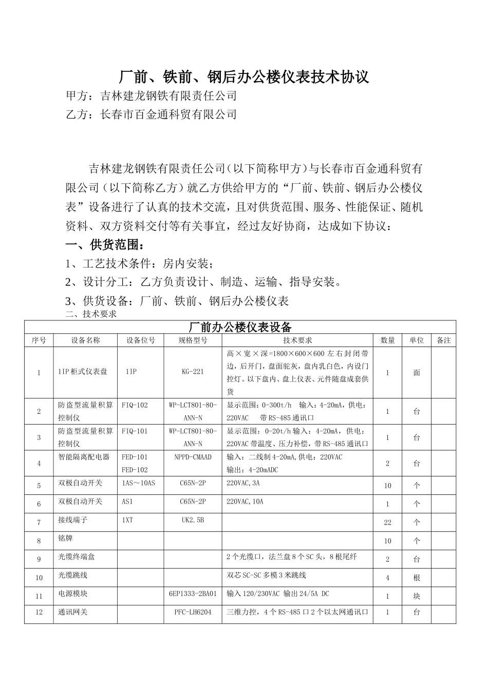 厂前、铁前、钢后办公楼仪表技术协议_第2页