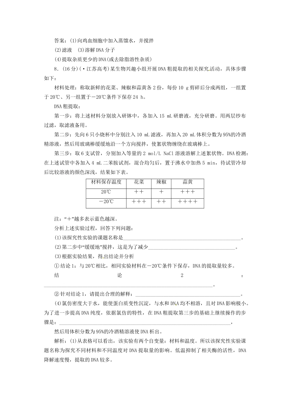高中生物 专题5 课题1 DNA的粗提取与鉴定创新演练大冲关每课一练 新人教版选修1_第3页