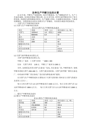 各种生产甲醇方法的计算