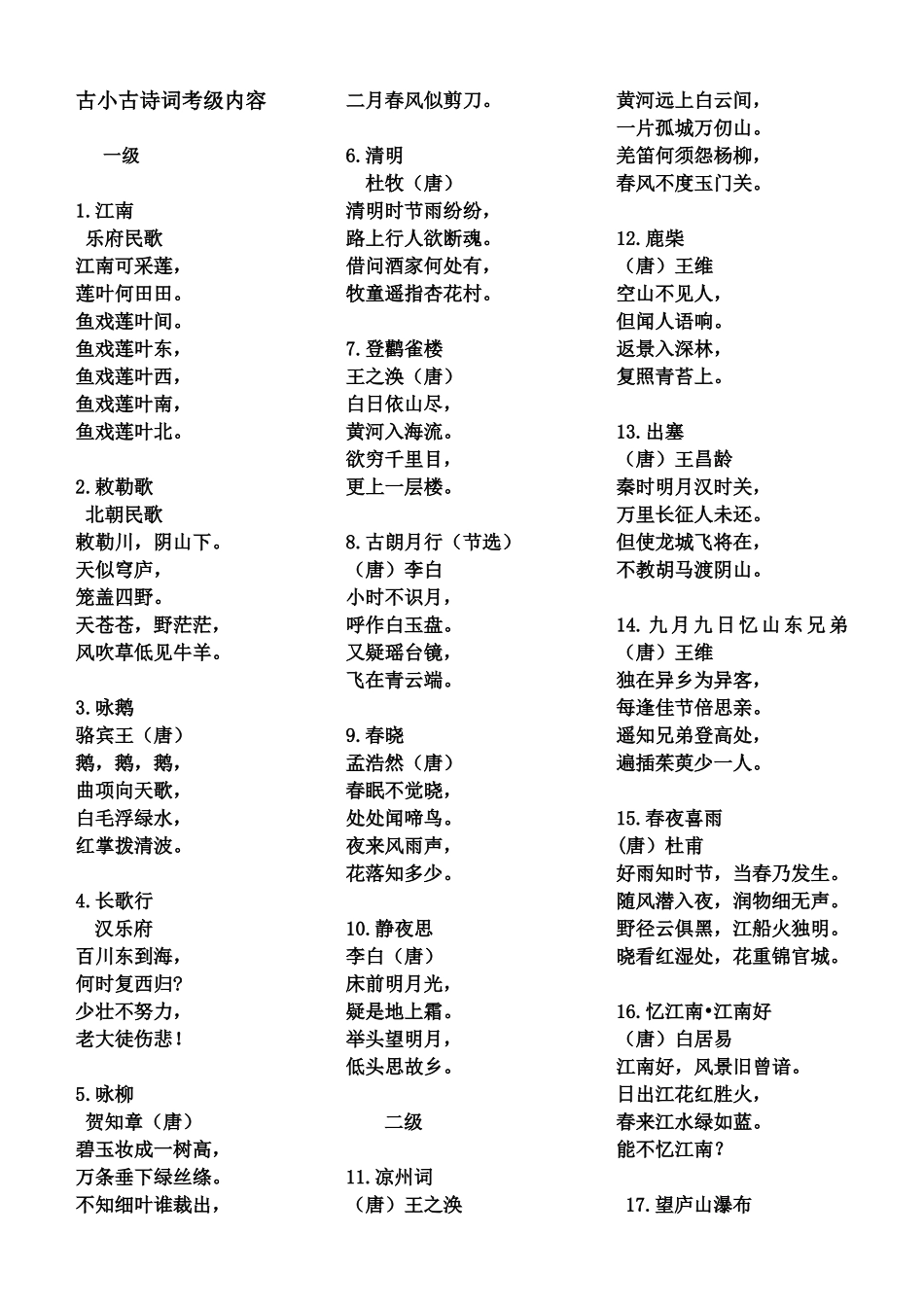 古诗文考级内容(完整稿)(1)_第1页