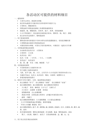 各活动区可提供的材料细目