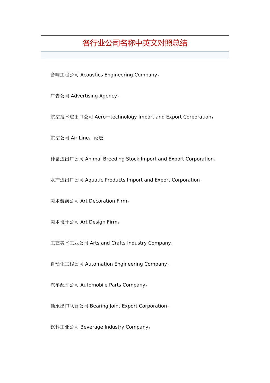 各行业公司名称中英文对照表_第1页