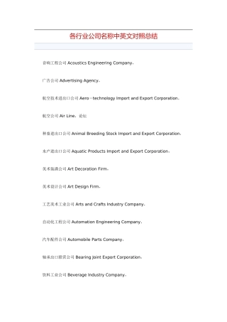 各行业公司名称中英文对照表