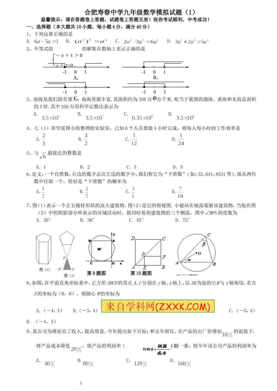 合肥寿春中学九年级数学模拟试题(1)_第1页