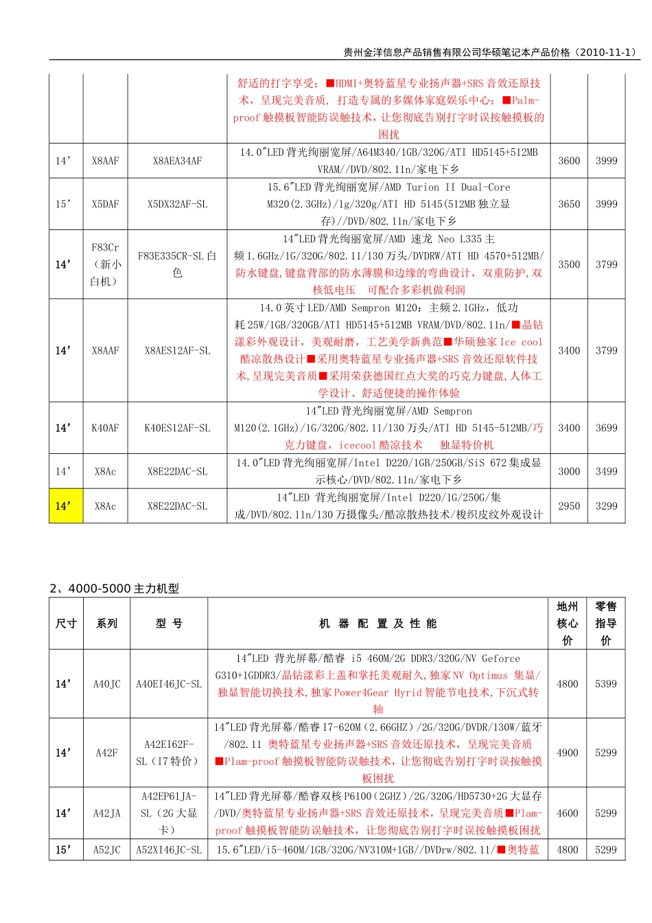 华硕笔记本电脑报价单2010-11-1主力_第2页