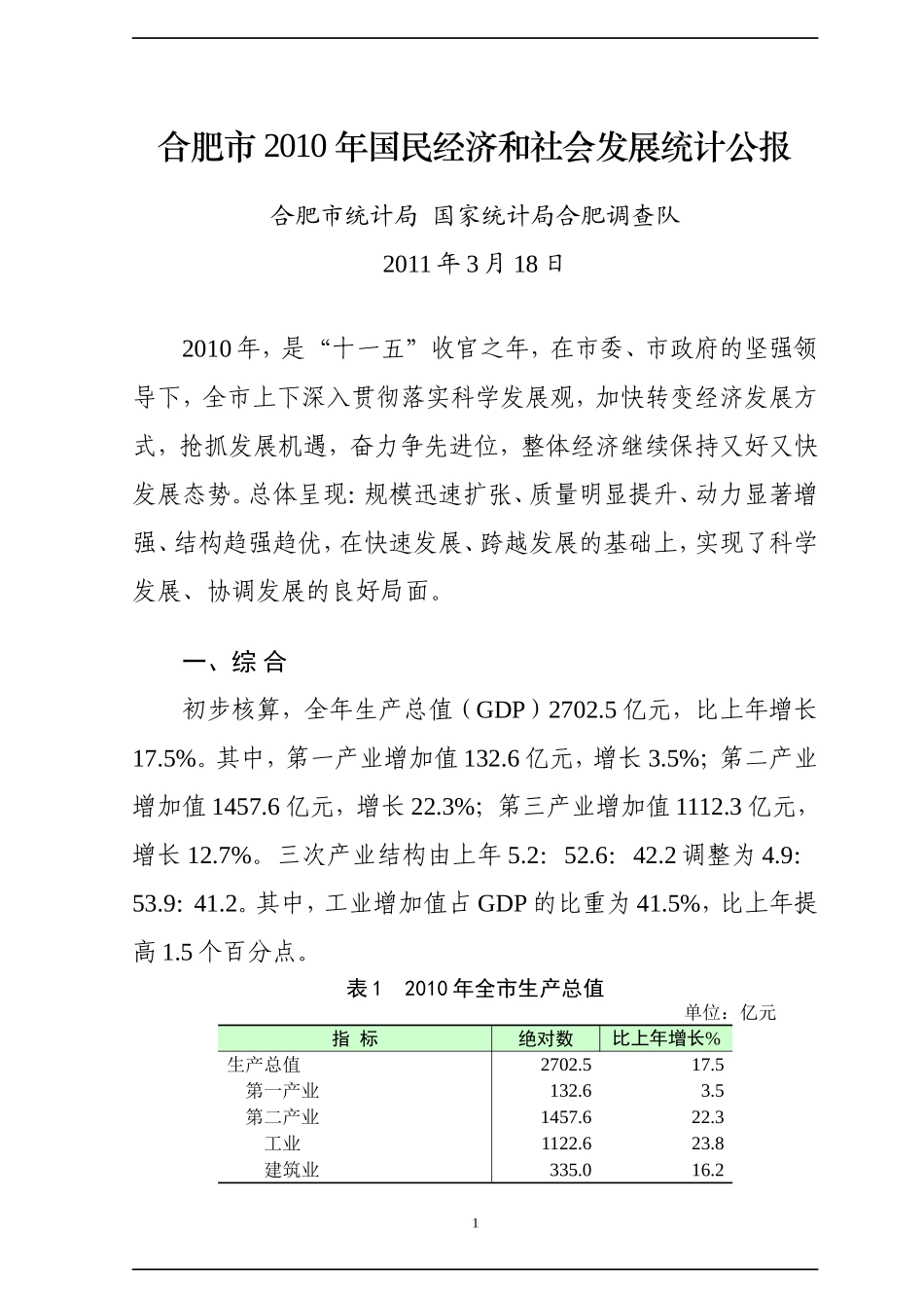 合肥市2010年国民经济和社会发展统计公报_第1页