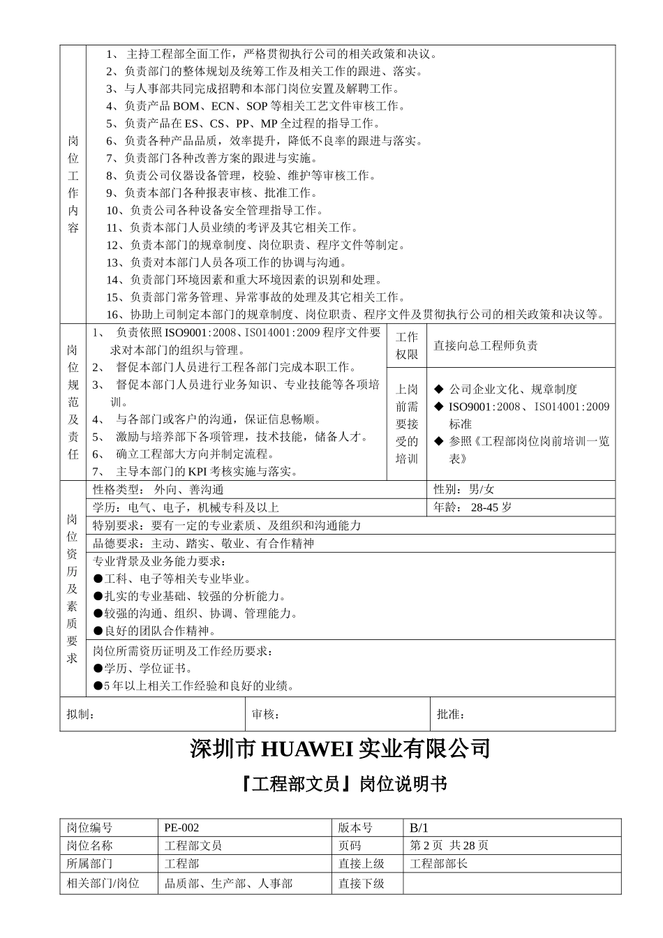 华为-岗位职责说明说明书(工程部)_第3页