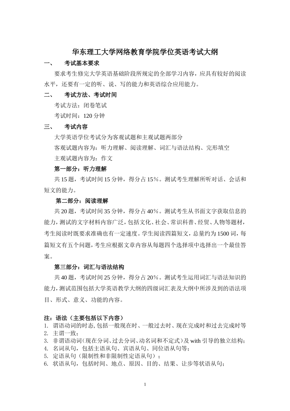 华东理工大学网络教育学院学位英语考试大纲_第1页