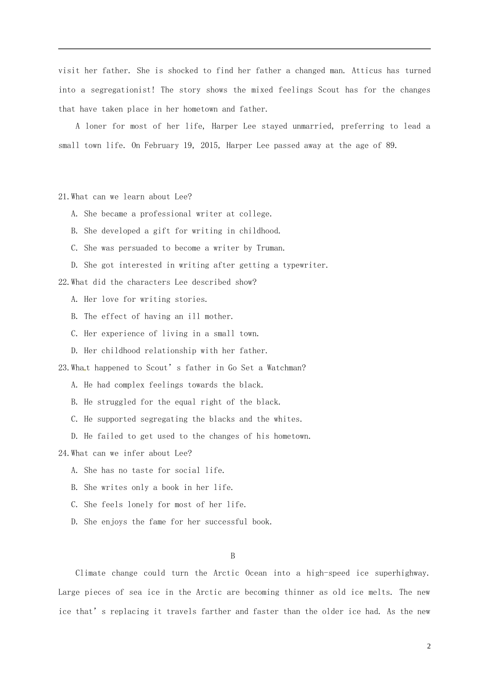 吉林省辽源市东辽县第一高级中学高三英语上学期期末考试试题_第2页