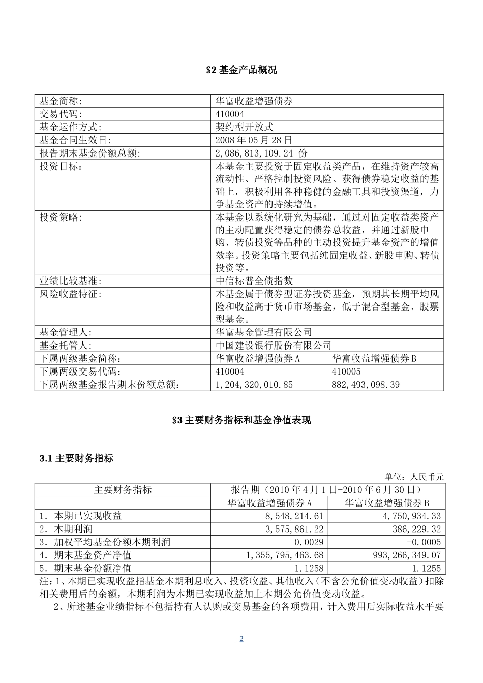 华富收益增强债券型证券投资基金2010年第2季度报告_第2页