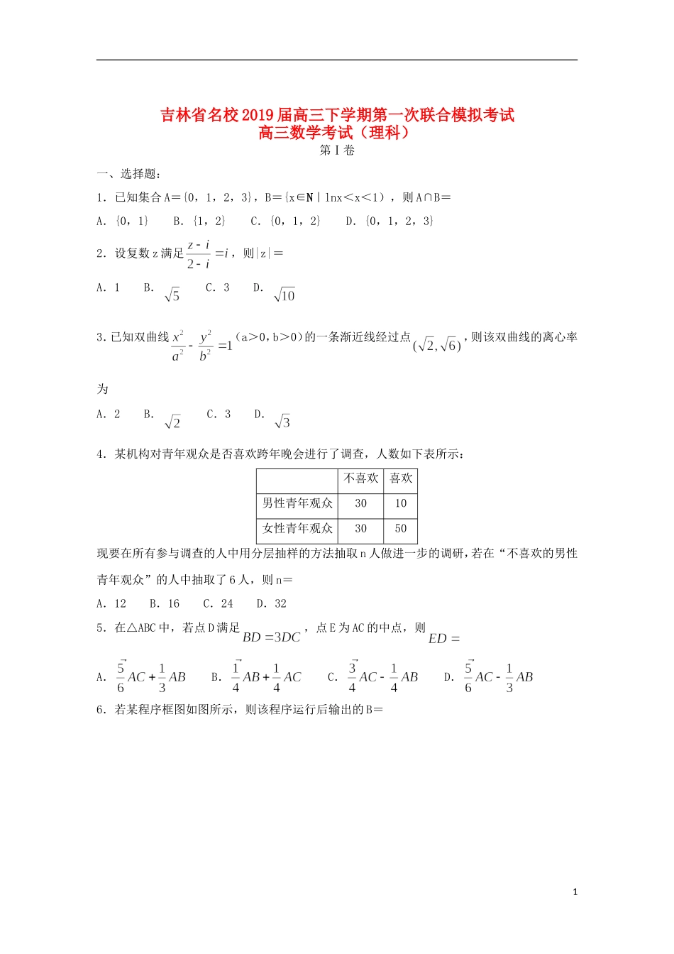 吉林省名校2019届高三数学第一次联合模拟考试试题理20190313032_第1页