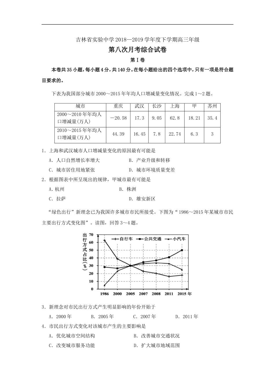 吉林省实验中学2019届高三下学期第八次月考文科综合试卷_第1页