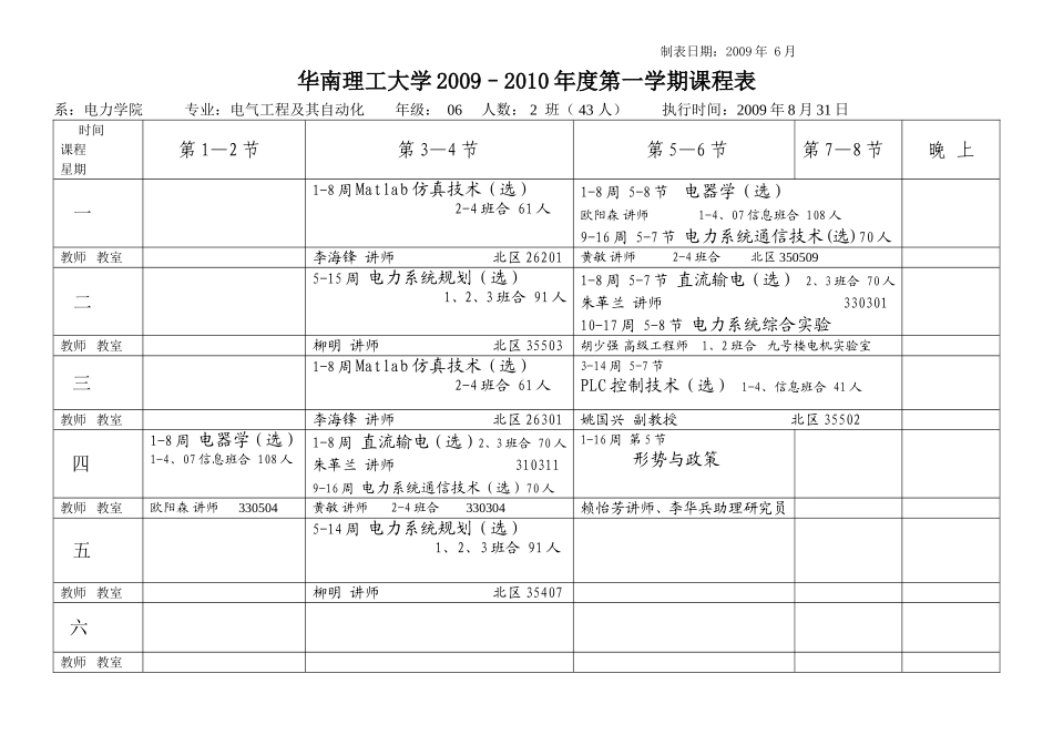 华南理工大学2009–2010年度第一学期课程表_第2页