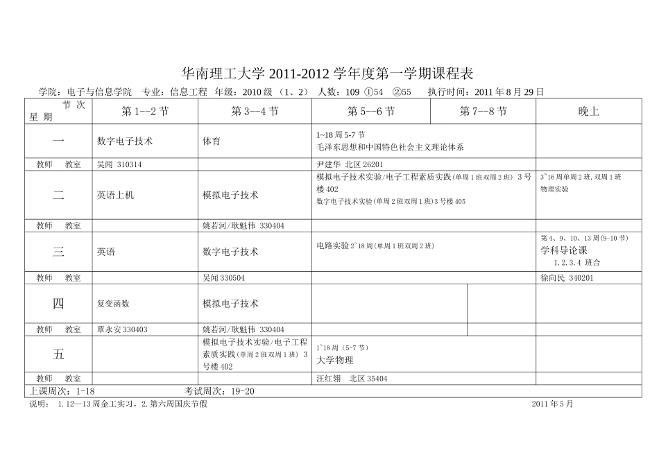 华南理工大学电信学院电联班2010级11～12(1)课表_第1页