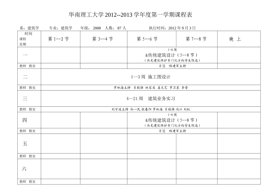 华南理工大学建筑学院授课时间表2012(第一学期)_第1页