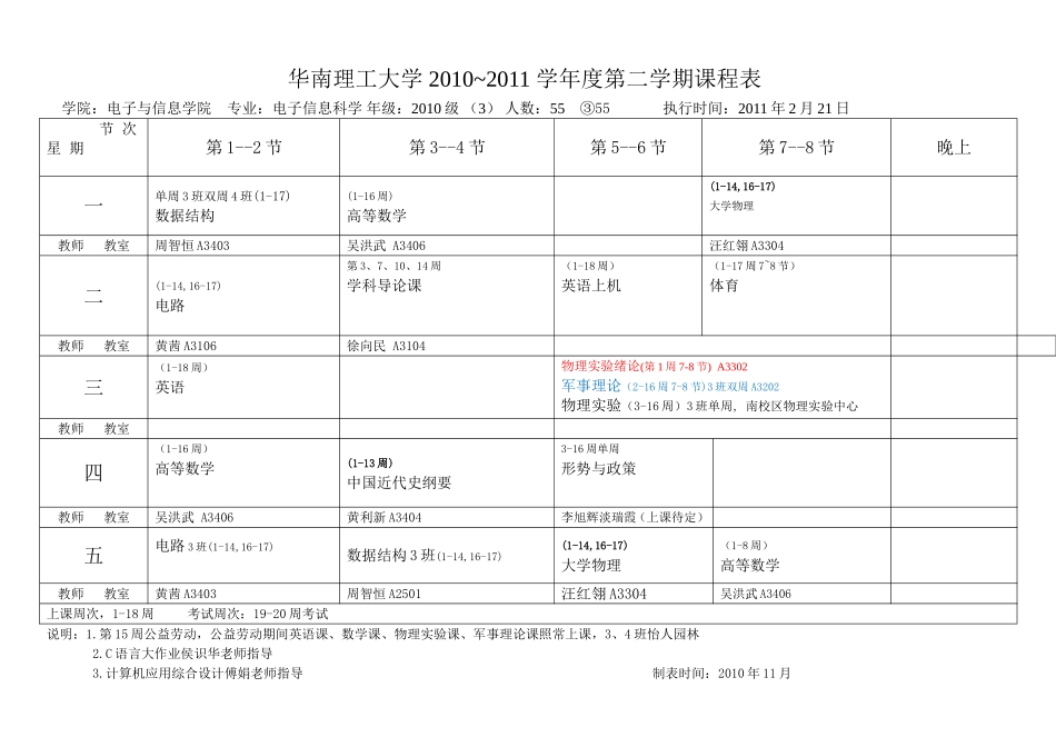 华南理工学院电信学院2010级2010-2011(2)课表_第2页