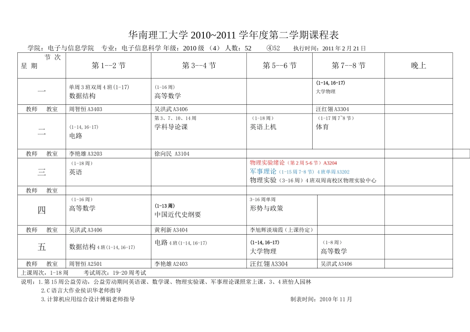 华南理工学院电信学院2010级2010-2011(2)课表_第3页