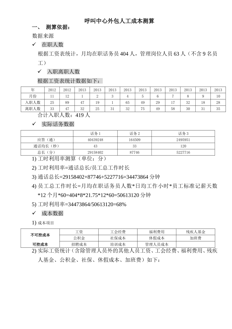 呼叫中心外包人工成本测算_第1页