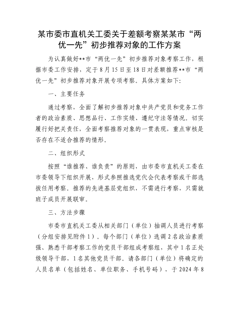 某市委市直机关工委关于差额考察某某市“两优一先”初步推荐对象的工作方案_第1页