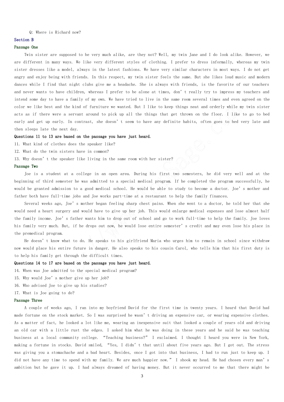 历年六级英语听力试题+答案+原文(打印版)_第3页