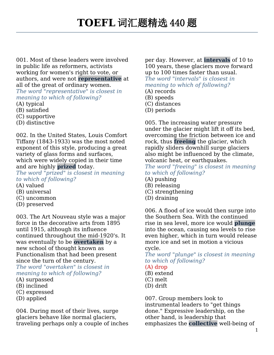 历年托福词汇题汇总440题(有答案)_第1页