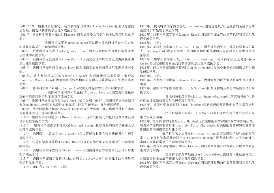 历年与生物有关的诺贝尔奖_第1页