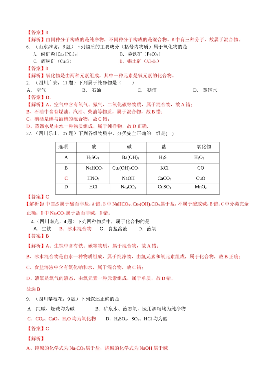 历年中考化学真题汇编-考点3-水的组成(包括纯净物-混合物-单质-混合物)(含答案解析)_第3页