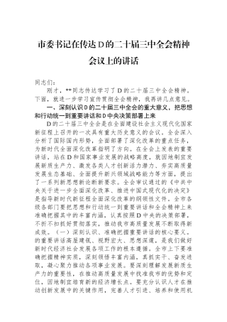 市委书记在传达党的二十届三中全会精神会议上的讲话