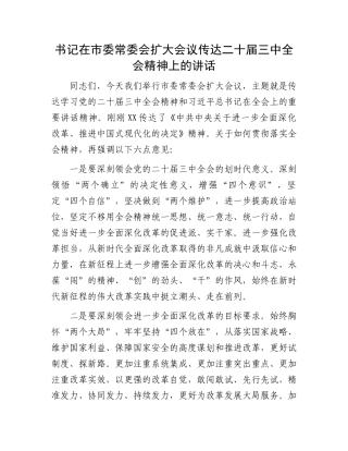 书记在市委常委会扩大会议传达二十届三中全会精神上的讲话