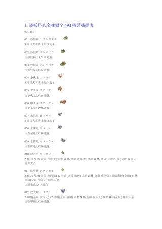 口袋妖怪心金魂银全493精灵捕捉表