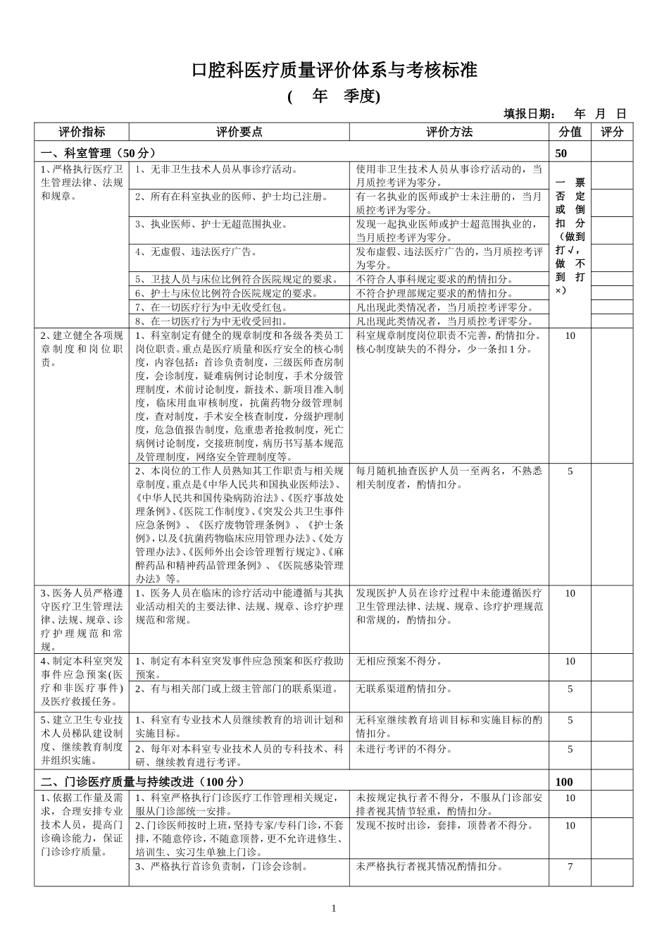 口腔科医疗质量评价体系与考核标准_第1页