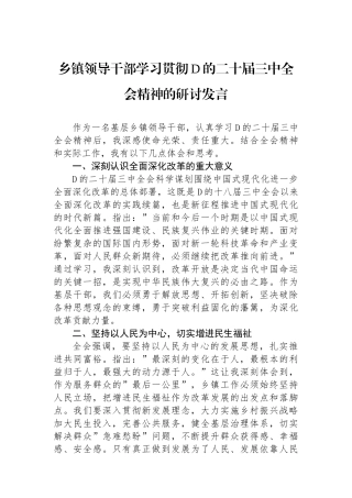 乡镇领导干部学习贯彻党的二十届三中全会精神的研讨发言