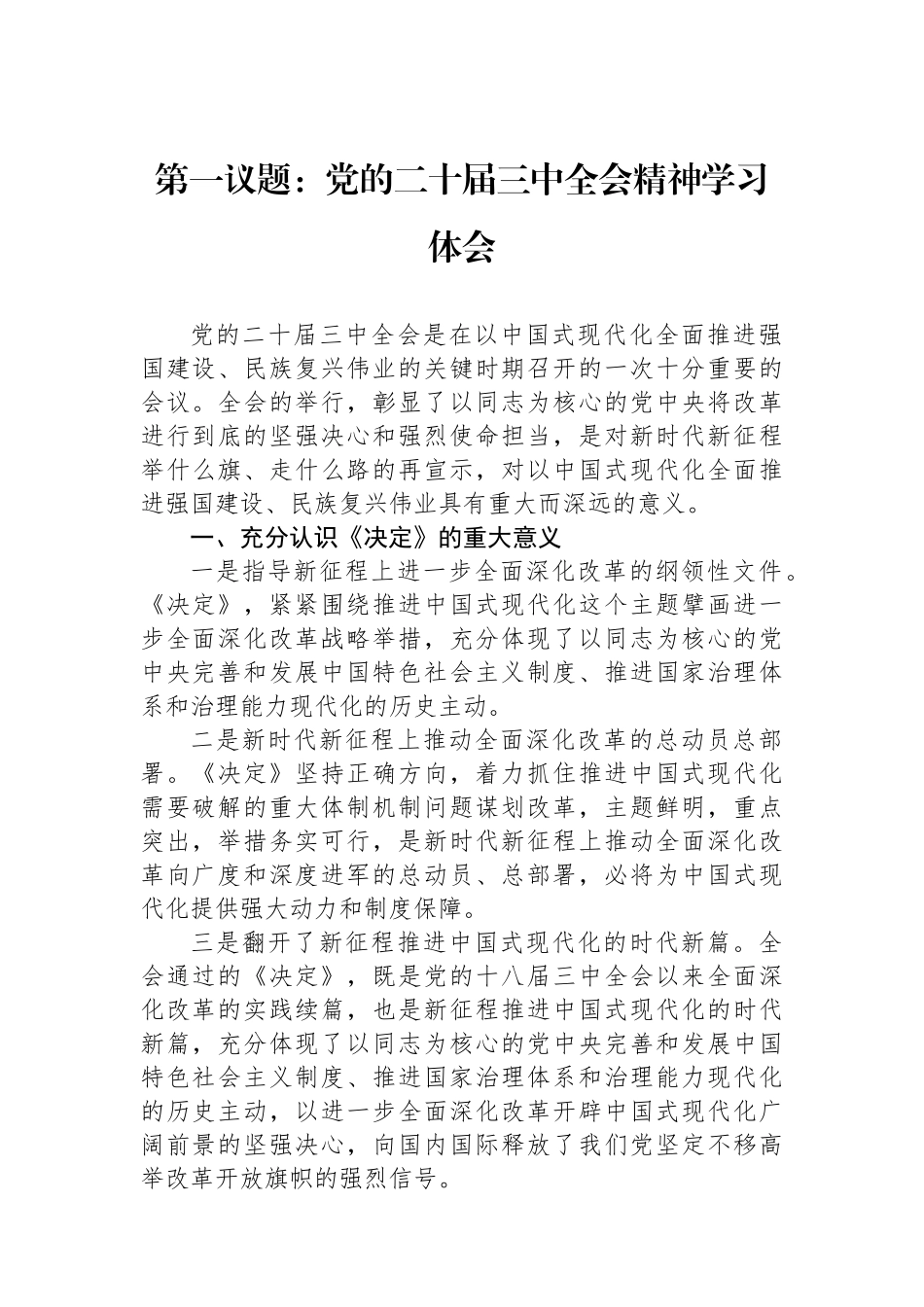 第一议题：党的二十届三中全会精神学习体会_第1页