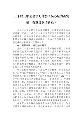 二十届三中全会学习体会（凝心聚力谋发展，奋发进取谱新篇）
