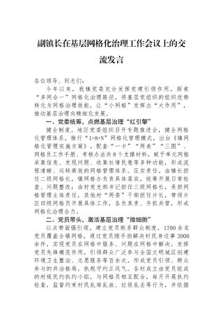 副镇长在基层网格化治理工作会议上的交流发言