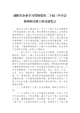 副职在企业学习贯彻党的二十届三中全会精神研讨班上的交流发言