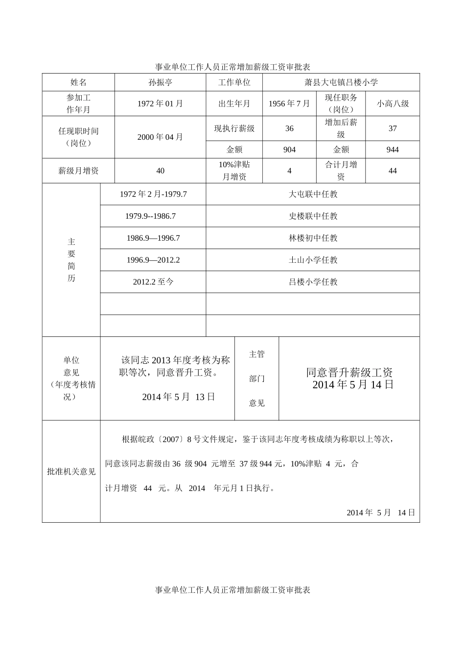 吕楼小学增加薪级工资表_第1页