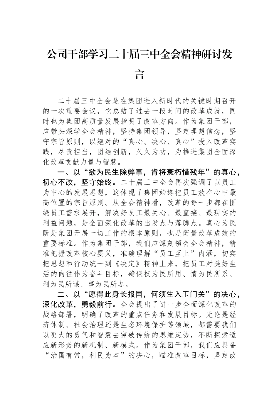 公司干部学习二十届三中全会精神研讨发言_第1页